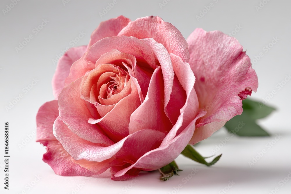 Fototapeta premium Enchanting Rose: Delicate layers of pink petals unfurl, a captivating close-up of a rose in full bloom, symbolizing love, beauty, and the ephemeral nature of life.– Generative AI