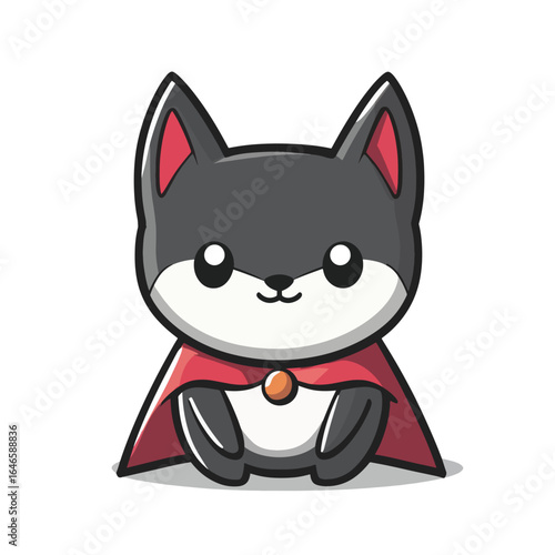 Cartoon gray wolf cub wearing a red cape with a golden clasp