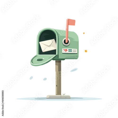 Cartoon Green Mailbox with Open Door and Letter Inside on a Wooden Post