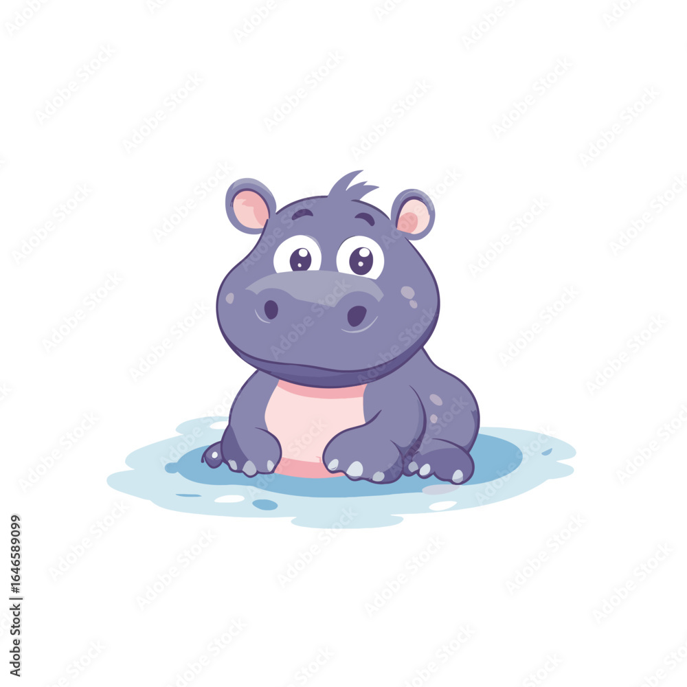 Fototapeta premium Cartoon Hippopotamus Sitting in Water with Large Eyes and Small Ears