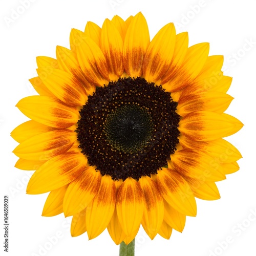 A single, vibrant sunflower with dark brown center and yellow-orange petals, isolated on a white background