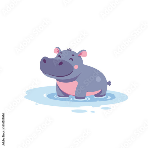 Cartoon hippo standing in water with a happy expression and pink accents