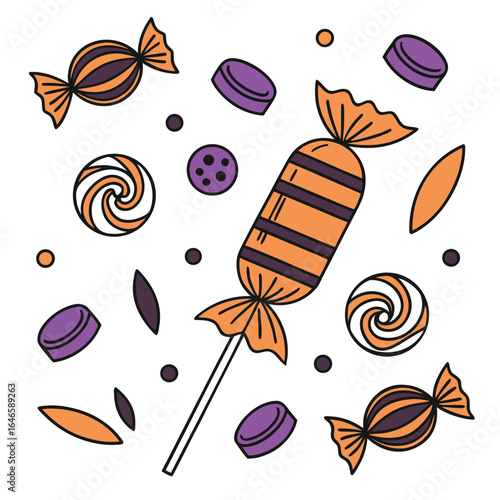 An assortment of halloween candies featuring wrapped sweets and round purple candies scattered around it