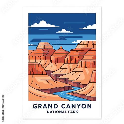 Illustration of the Grand Canyon National Park, featuring layered rock formations and a river flowing through the canyon.
