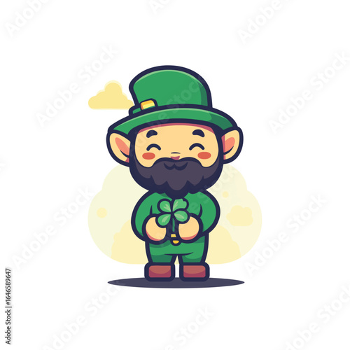 Cartoon Leprechaun Holding a FourLeaf Clover with Smiling Face