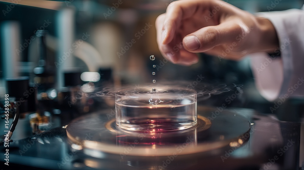 Naklejka premium A researcher drops liquid onto a surface in a modern lab, capturing chemical interaction.