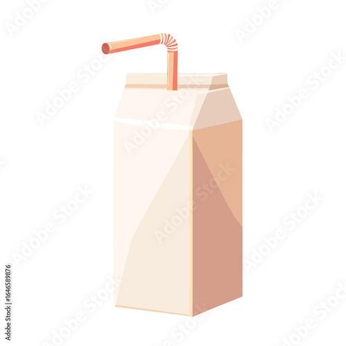 Cartoon milk carton with a striped flexible straw angled view