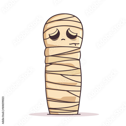 Cartoon Mummy with Downcast Eyes and Bandaged Body Standing Upright