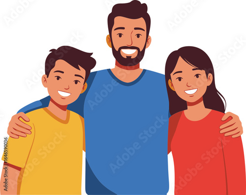 Modern flat illustration of dad with two teenage kids, arms around each other, celebrating Father’s Day with joy and family warmth.