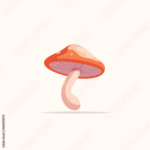 Cartoon Mushroom with Orange Cap and Curved Stem Simple Illustration