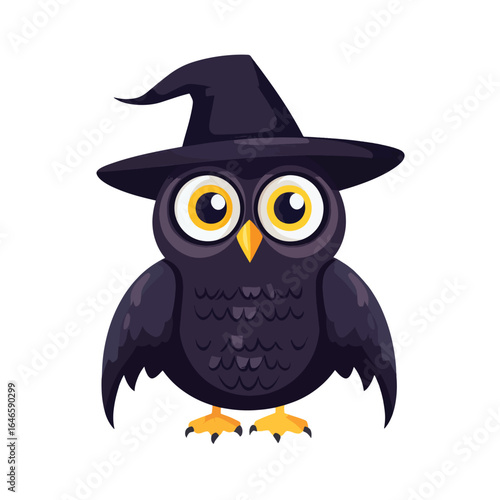 Cartoon owl wearing a black pointed witch hat with yellow eyes and feet
