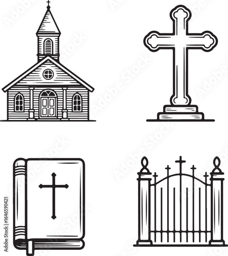 Historic Church Building Outline Vector Pack Bell Tower, Rural Church Front, Cross Silhouette, Hymn Book, and Iron Fence Icons