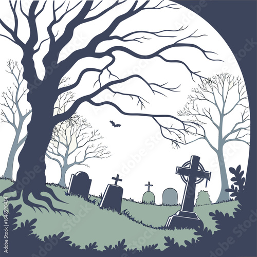 Three children in costumes trick or treating on halloween night with pumpkins and a full moon shining bright