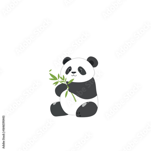Cartoon Panda Sitting and Holding Bamboo Leaves with a Gentle Smile