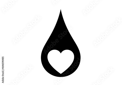 Vector art of black drop with a white heart inside, isolated on white background, symbolizing health, care, and donation