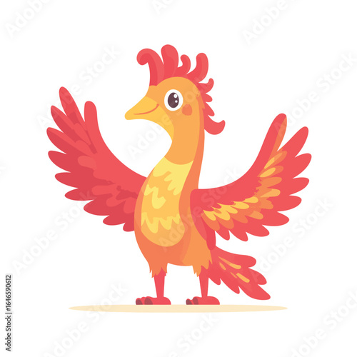Cartoon Phoenix with Vibrant Red and Orange Feathers and Upward Wings