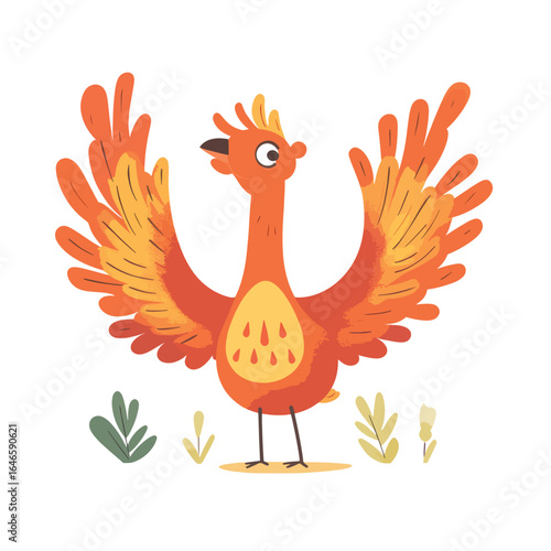 Cartoon Phoenix with Outstretched Wings and Stylized Foliage Illustration