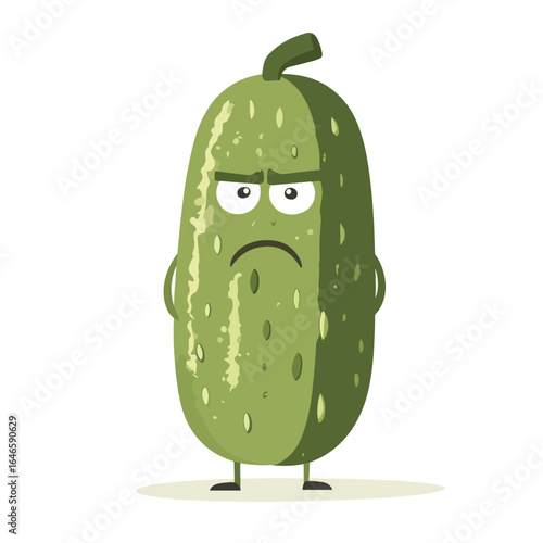 Cartoon pickle character with a grumpy expression and short arms