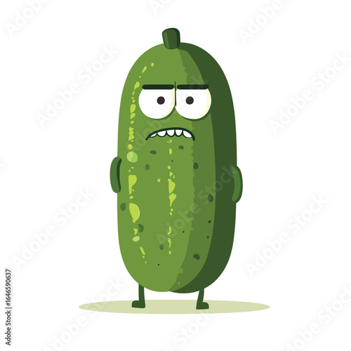Cartoon pickle character with a grumpy expression and tiny arms