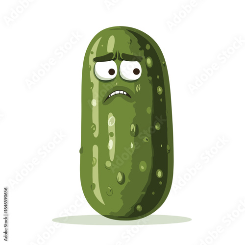 Cartoon pickle character with a worried expression and bumpy skin texture