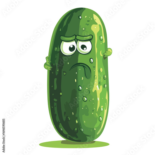 Cartoon pickle with a sad expression and arms crossed standing upright