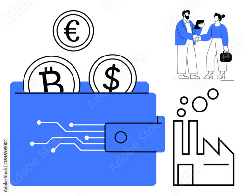 Wallet with euro, Bitcoin, and dollar coins, businesspeople shaking hands while reviewing a contract, and a graphic factory symbol representing industry. Ideal for finance, collaboration