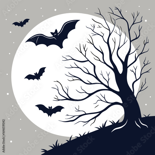 Silhouette of a spooky tree with bare branches against a full moon with flying bats in the night sky