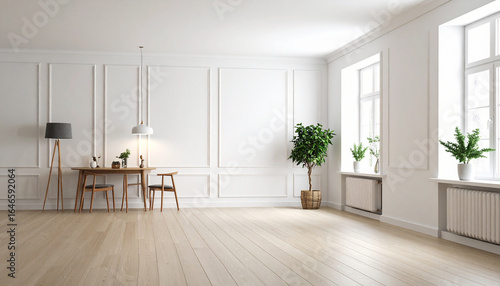 Spacious minimalist living room with white walls, wood floors, and a dining set. Bright, empty Scandinavian interior design with a Ficus plant. generative ai

