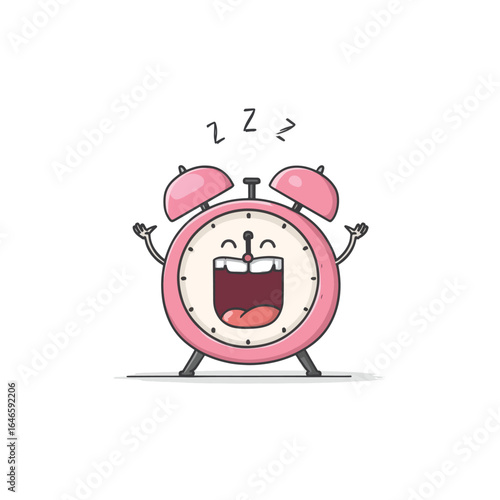 Cartoon pink alarm clock character with a wide open mouth and sleep zzzs