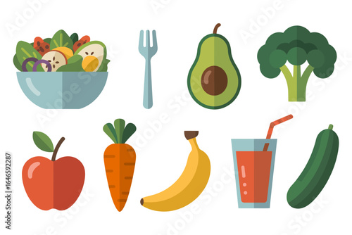 Fresh produce and juice icons, avocado cucumber carrot banana apple salad bowl fork and drink, healthy eating vector, diet lifestyle clipart, flat color pack