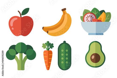 Fruit and vegetable icons, apple banana salad bowl broccoli carrot cucumber avocado, healthy snack vector illustration, wellness nutrition clipart, minimal flat set