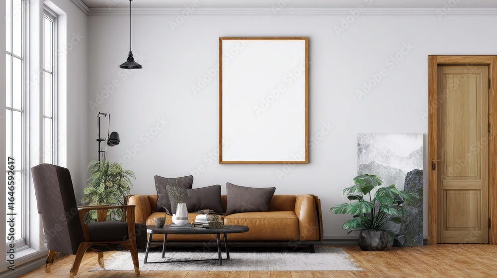 Fototapeta premium Living room interior design with a mockup photo frame.