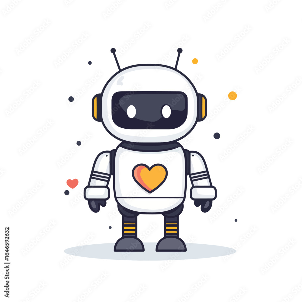 Obraz premium Cartoon Robot with Heart Emblem and Antennae Standing Upright