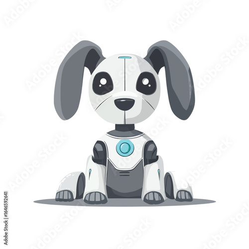 Cartoon Robotic Dog with Large Eyes and Floppy Gray Ears Sitting Upright