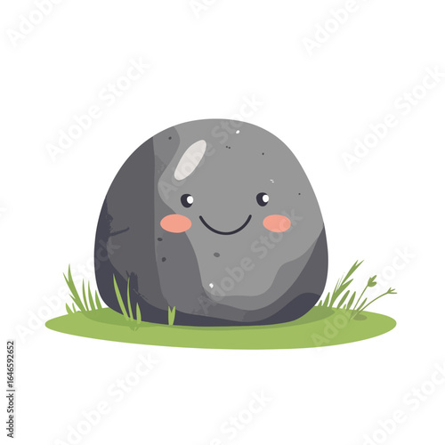 Cartoon rock character with a happy smile and rosy cheeks on green grass