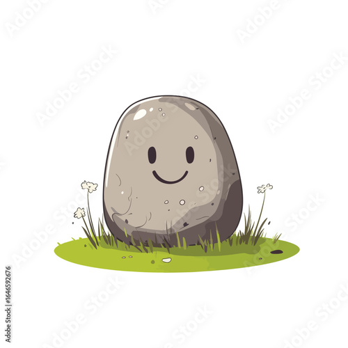 Konstfotografi Cartoon rock character with a simple smile standing on a grassy patch with small