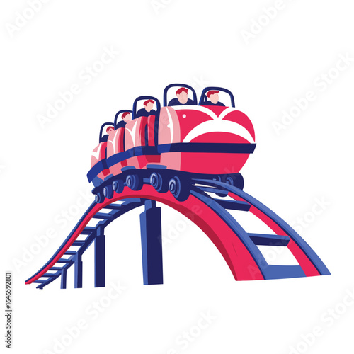 Cartoon Roller Coaster Climbing a Steep Hill with Passengers Aboard