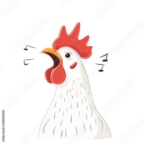 Cartoon Rooster Crowing with Musical Notes Showing Vocalization and Expression