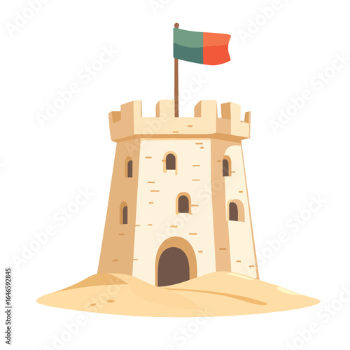 Cartoon sandcastle with a twotone flag on top built on sand