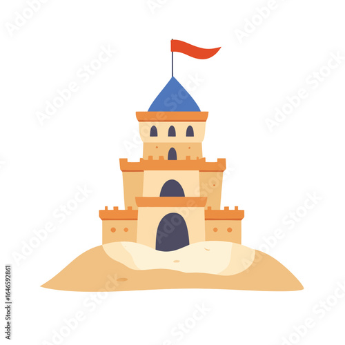 Cartoon sandcastle with blue turret and red flag on a sandy base