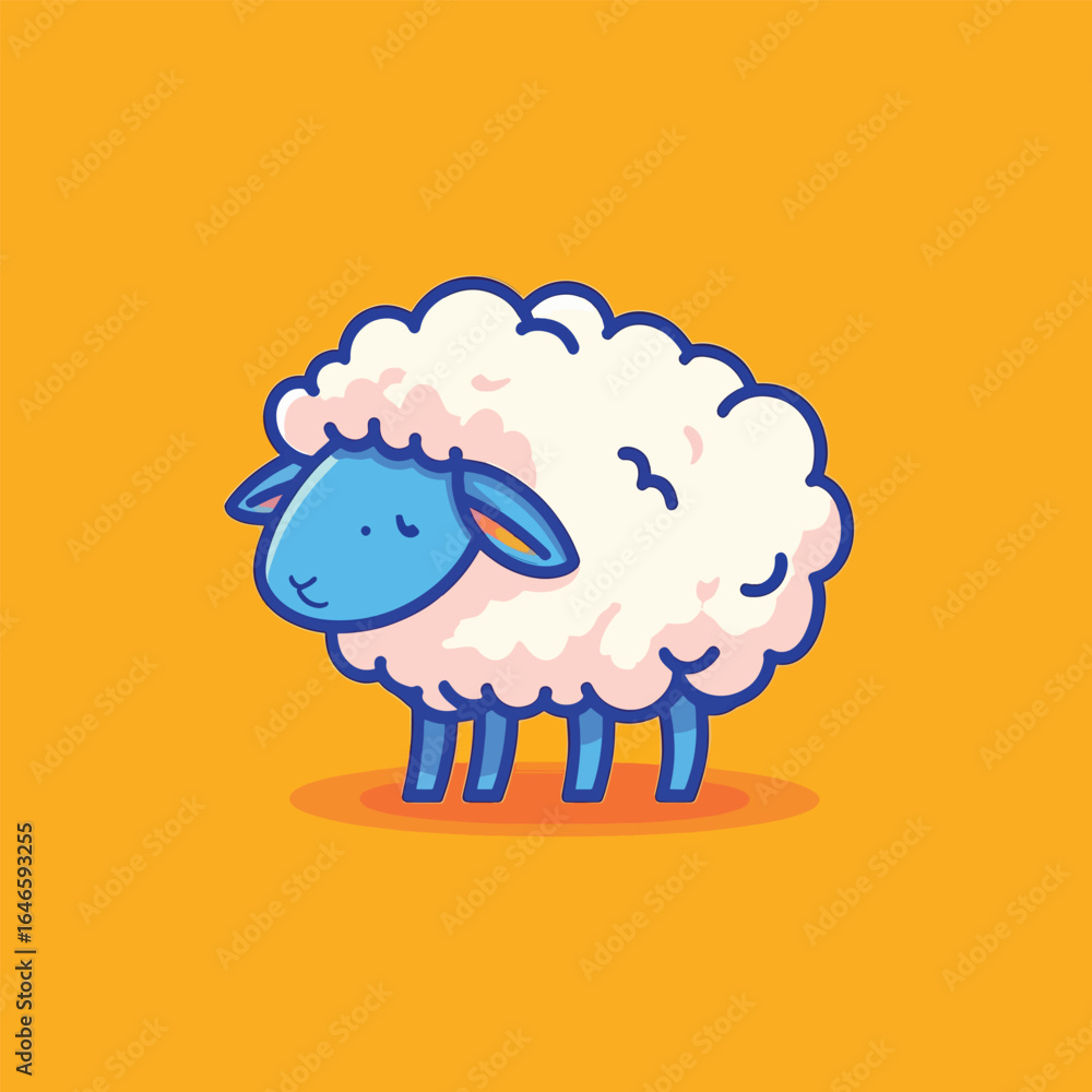 Fototapeta premium Cartoon Sheep with Blue Head and Creamy Wool Standing Squarely