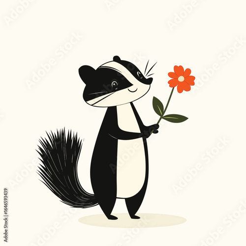 Cartoon Skunk Offering a Vibrant Orange Flower with a Creamy Center