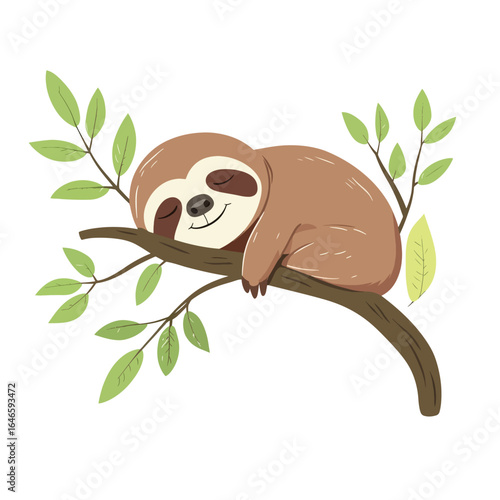 Cartoon Sloth Napping Comfortably on a Branch with Green Leaves