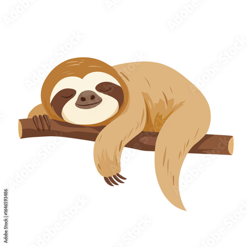 Cartoon Sloth Asleep on a Branch with Closed Eyes and Relaxed Expression