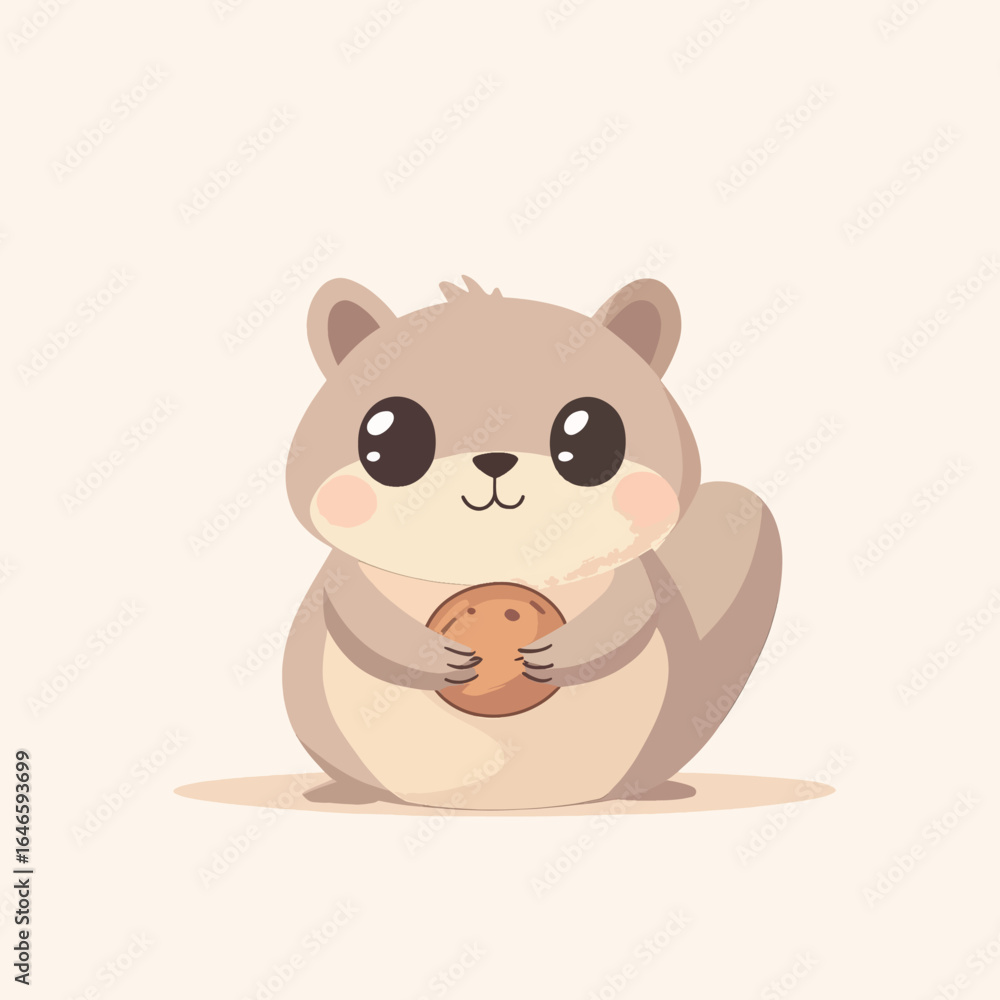 Fototapeta premium Cartoon squirrel with big eyes holding a round nut with tiny claws