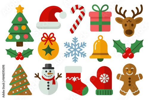 Christmas icons assortment with tree santa hat candy cane gift bell snowflake snowman stocking and gingerbread, badge and sticker elements, vector pack