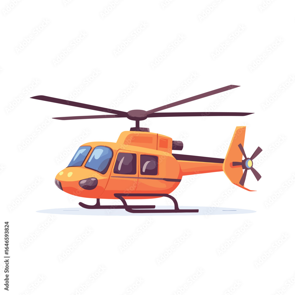 Fototapeta premium Cartoon style orange helicopter with dark gray rotor blades and landing skids