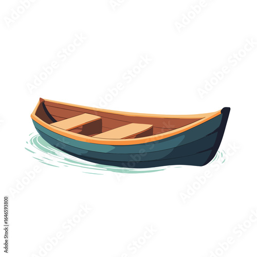 Cartoon style blue rowboat with wooden seats floating on water