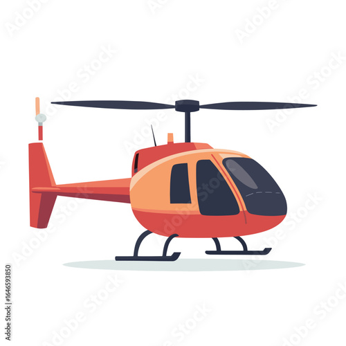 Cartoon style red and orange helicopter with black rotor blades and landing skids