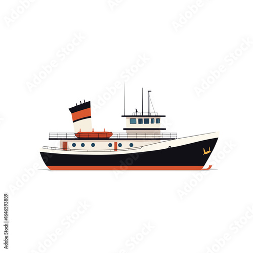 Cartoon style ship with black hull orange stripe and a gold anchor
